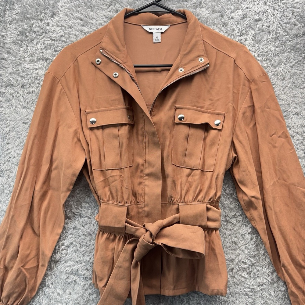 Nine West Womens Terracotta Utility Jacket Mock Neck Zip Peplum Tie Waist XS